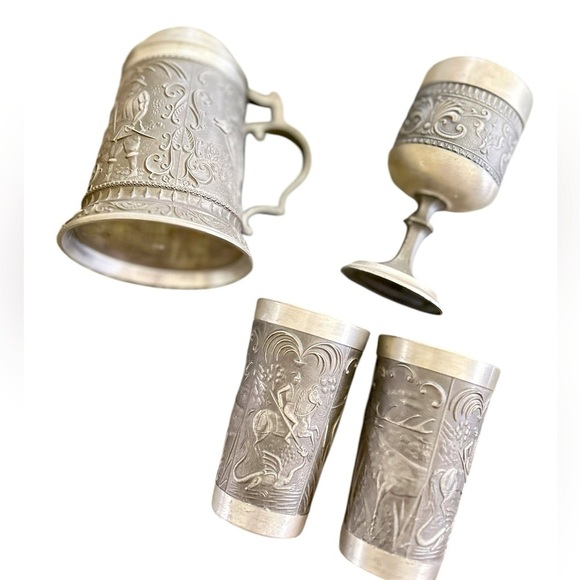 Vtg. Ha ha rein zinn german pewter hunting scene Drinkware Set marked - Picture 2 of 15